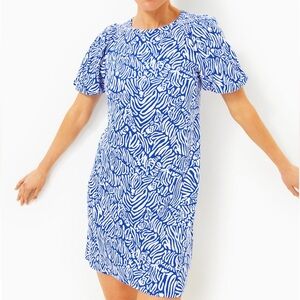 Lilly Pulitzer Rosen Puff Sleeve Tee Shirt Dress Martinique Blue Zee Bebe Large